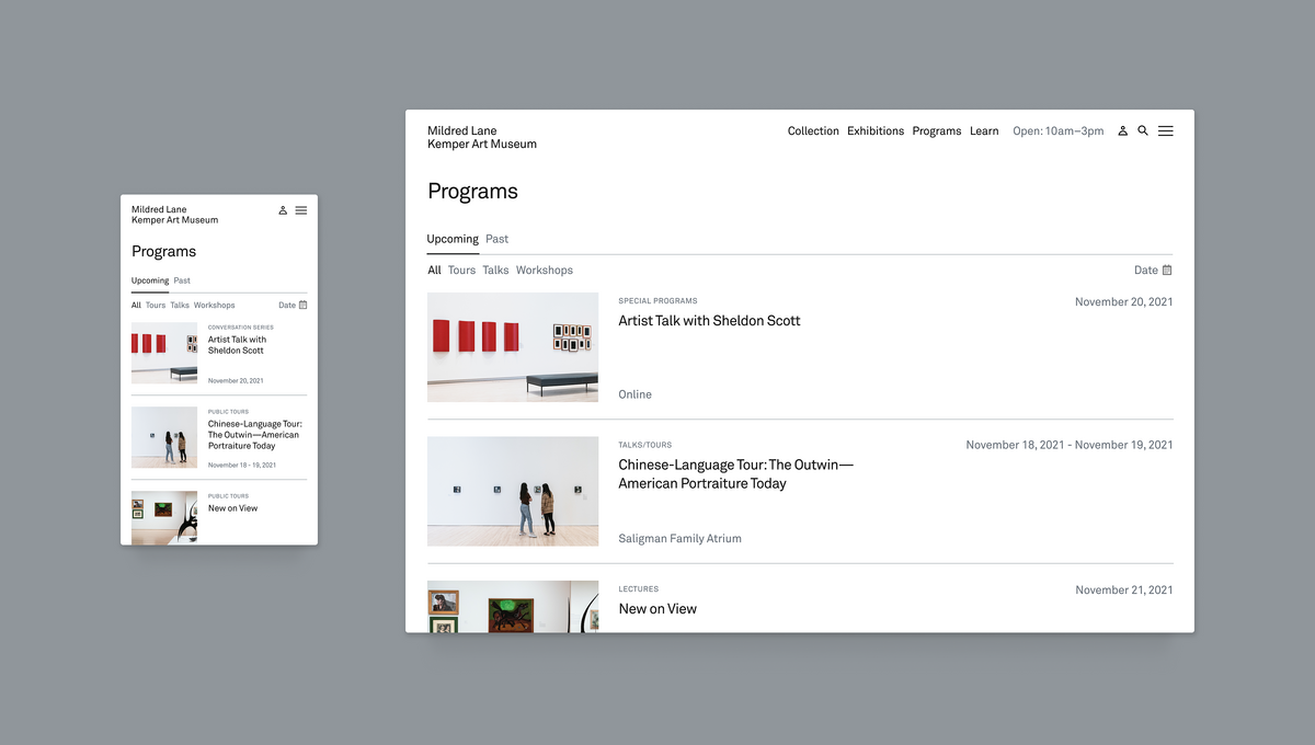 Image of the Programs page on both desktop and mobile on the Kemper Art museums website.